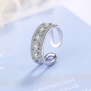 NEW Sterling Silver Double-Layer Band Zircon Open Adjustable Ring